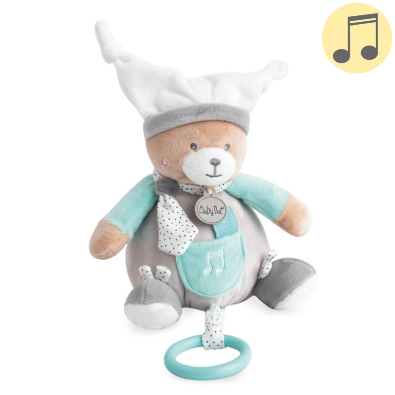 Baby'Nat - Polochon l'ours - Doudou bleu moutarde 24 cm